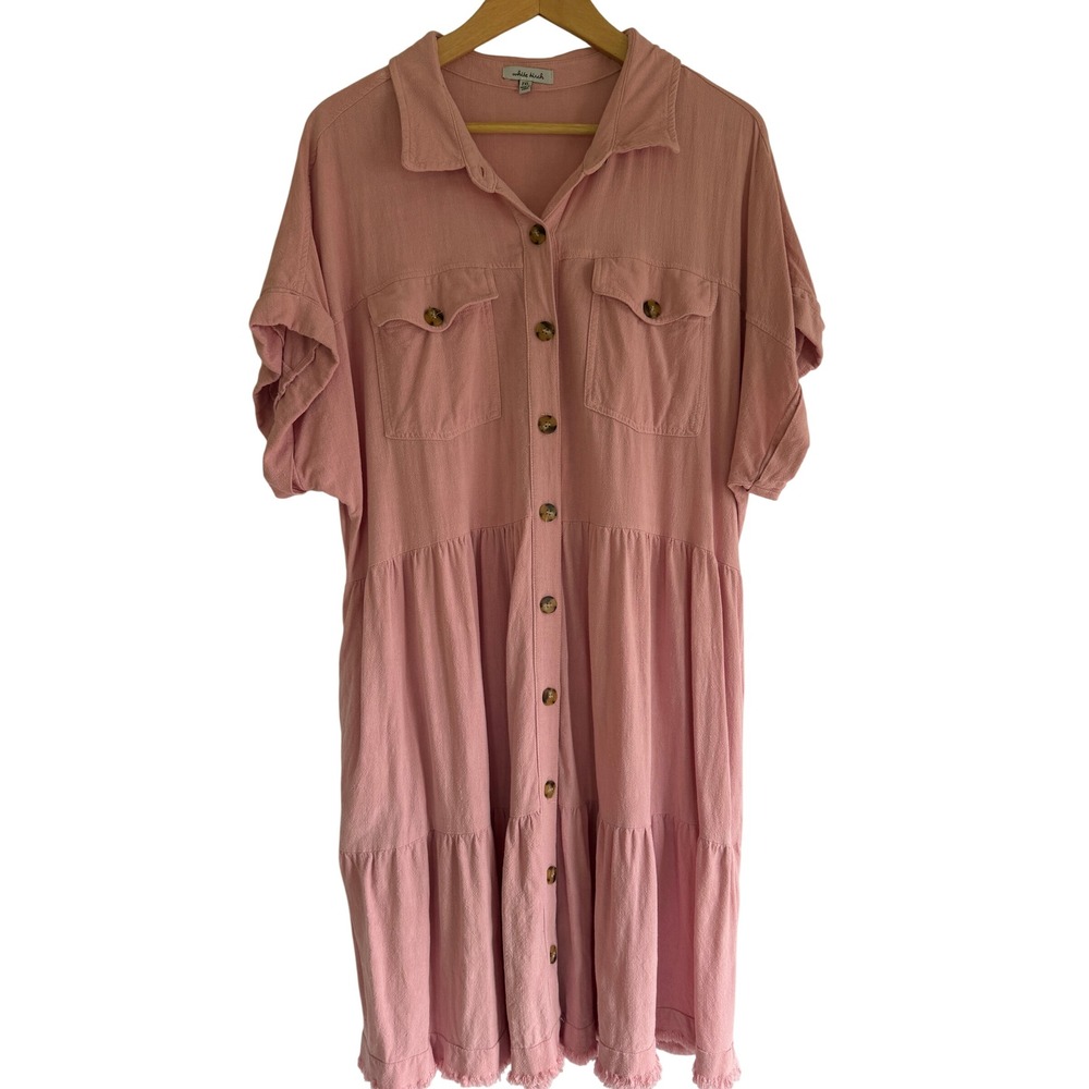 White Birch Pink Cotton Linen Tiered Button Front Shirt Dress Pockets 2XL